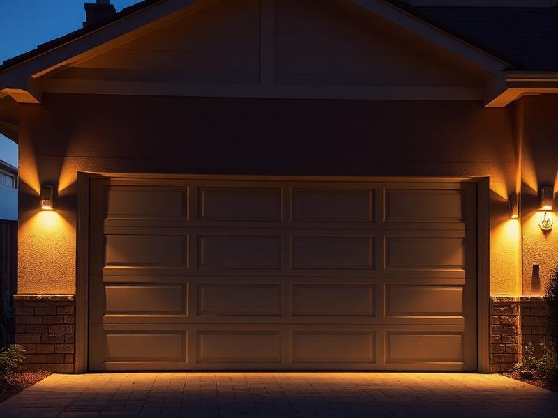 Well-lit garage entrance at night with motion-activated security lighting protecting home