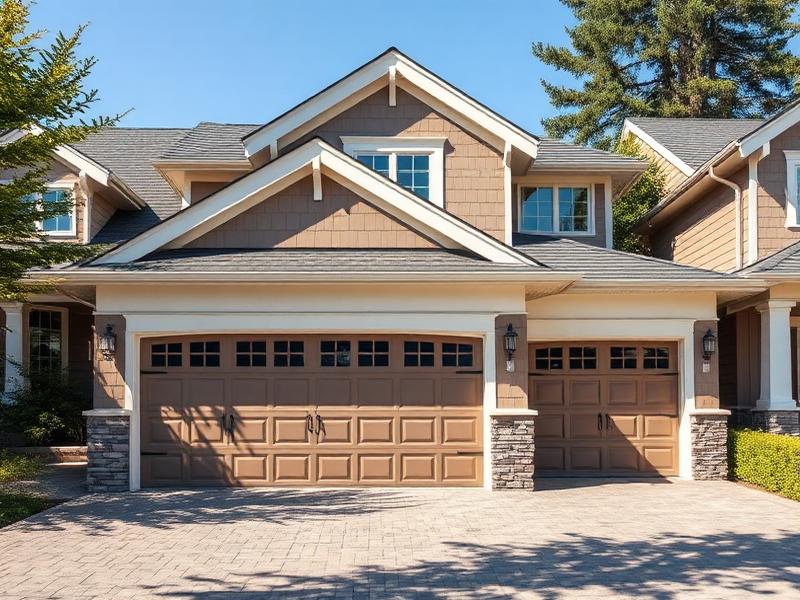 Beautiful home exterior featuring perfectly matched farmhouse style garage door with X-pattern design